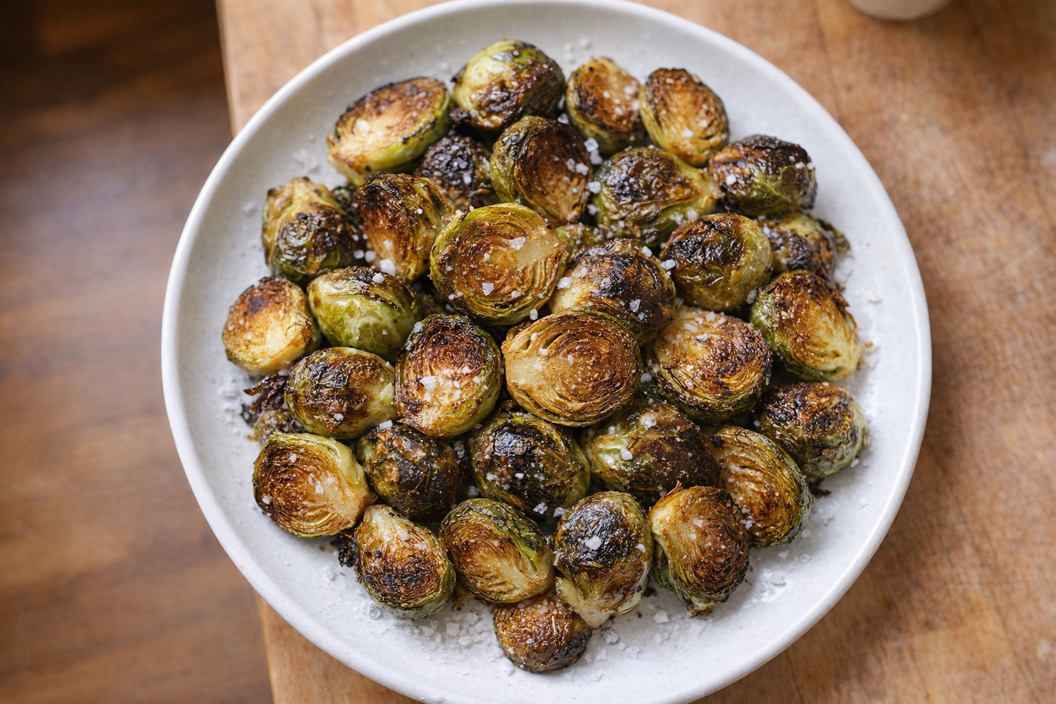 A top-down, brightly lit shot of perfectly roasted Brussels sprouts on a white plate, golden brown and slightly charred, with a sprinkle of sea salt
